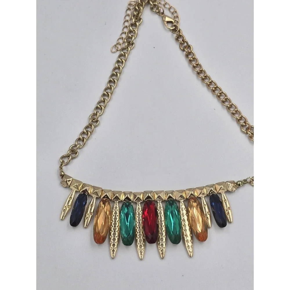 Gold Tone Multi-Color Gemstone Bib Statement‎ Necklace Fashion Jewelry